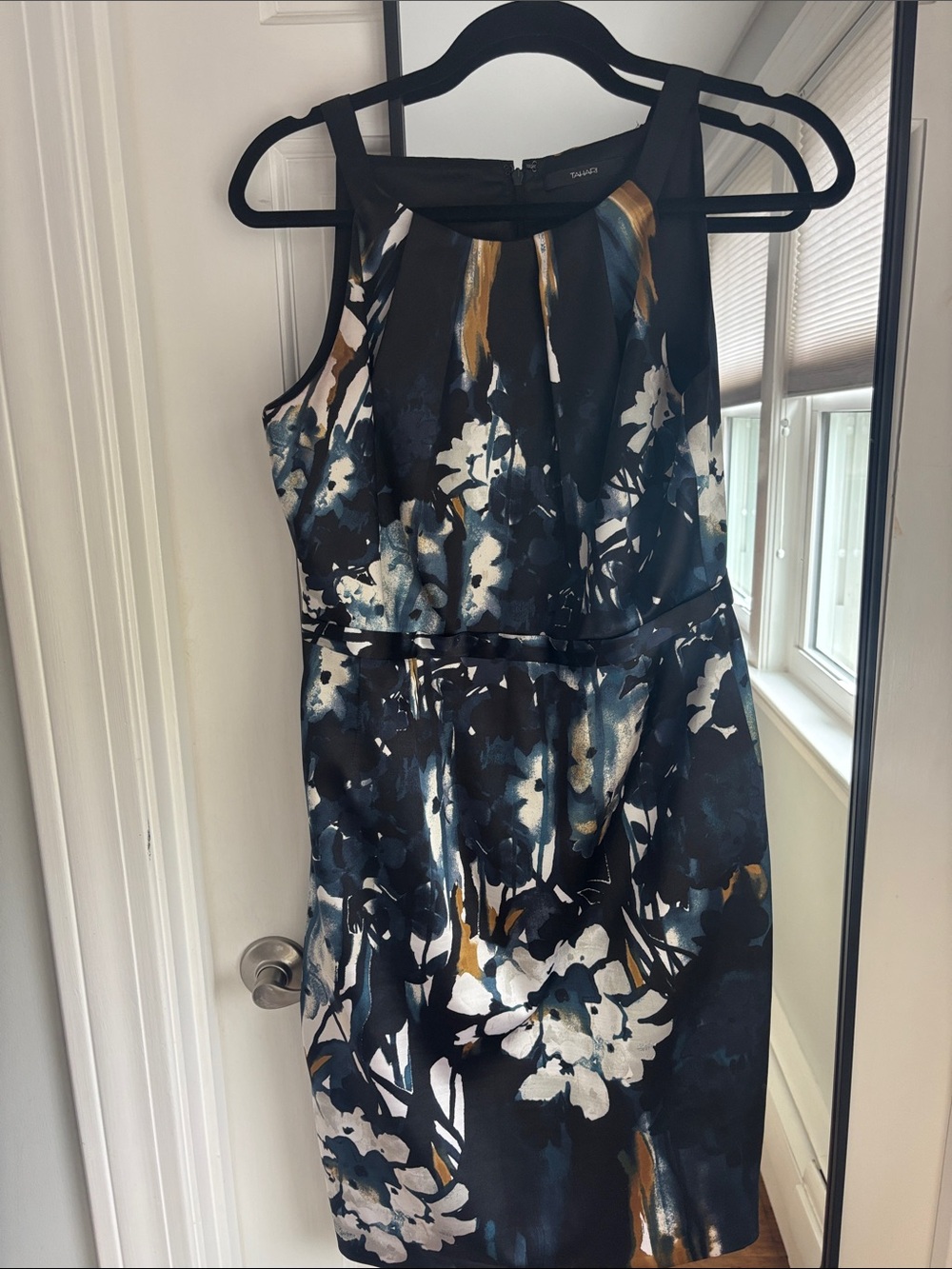 Tahari Black Floral Print Sheath Dress with Blue, White & Gold Accents